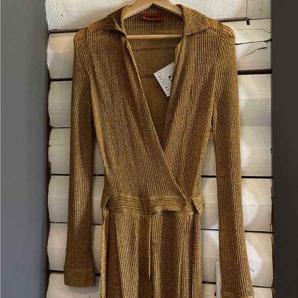 Missoni Metallic Knit Wrap Jumpsuit Gold Lurex Wide Leg Plunge Size 38 NWT Italy - Picture 10 of 16